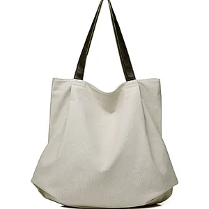 Ladies folding brown canvas tote bag handle shoulder shopping handbag for women