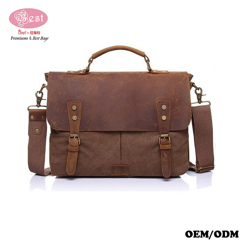 China Hot Sell Vintage Canvas with Crazy Horse Leather Trimmings Shoulder Bag Men Messenger Bag