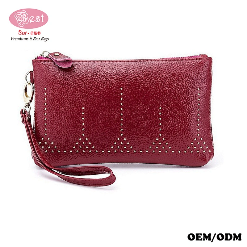 Amazon Hot Selling Pebbled Cowhide Leather Women Clutch Wallet with Wristlet Sparkling Studded Evening Purse Wallet