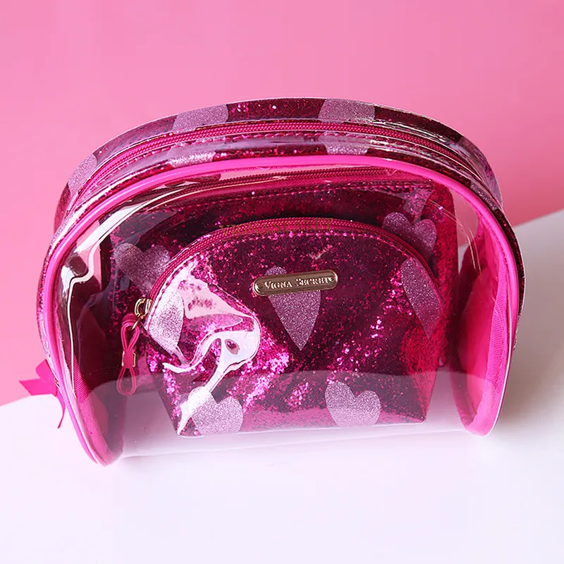 Wholesale luxury transparent clear pvc makeup pouch toiletry cosmetic make up bag set