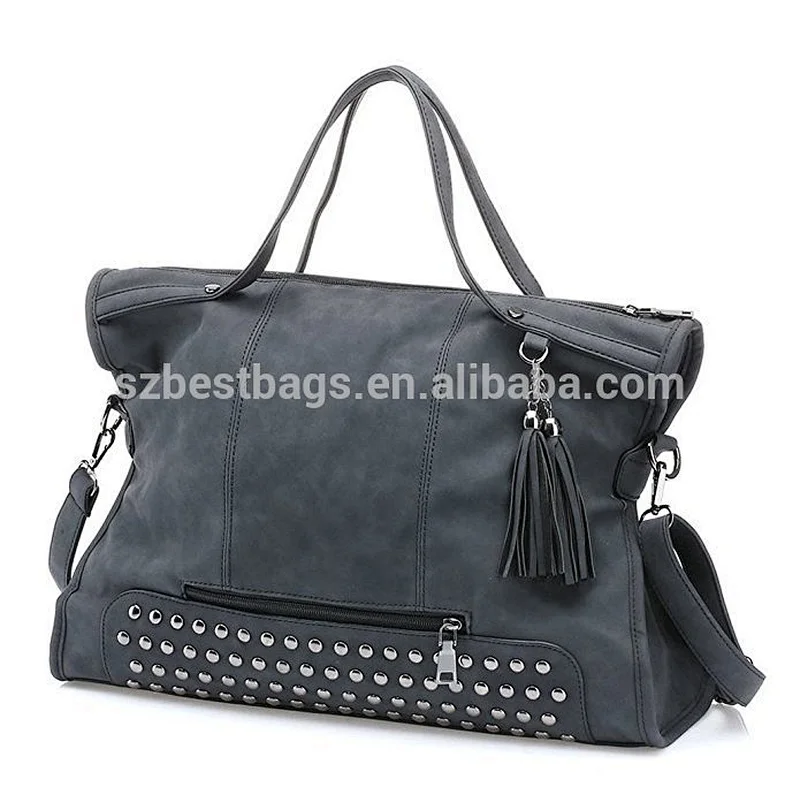 Punk Motorcycle Rivet Studded Tassel Slouchy Nubuck Pu Leather Top Handle Hobo Bag Women Handbag