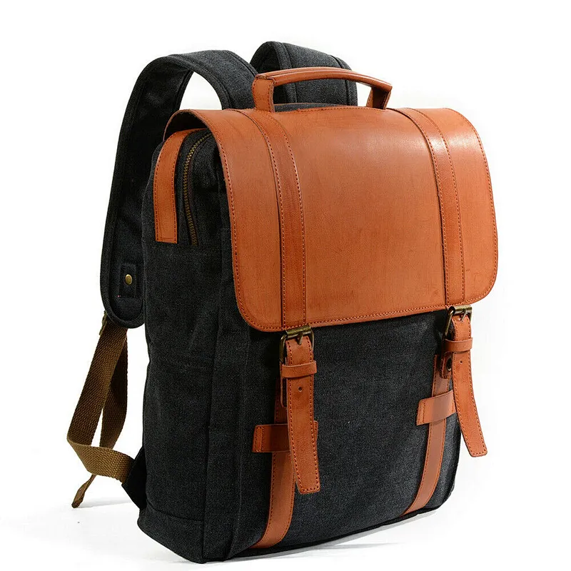 Vintage Leather Waxed Canvas Shoulder Rucksack Laptop Space for Travel  School