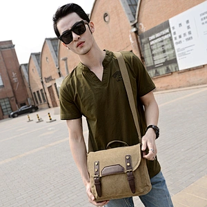 Vintage unisex travel two sided brown cotton canvas single shoulder messenger bag