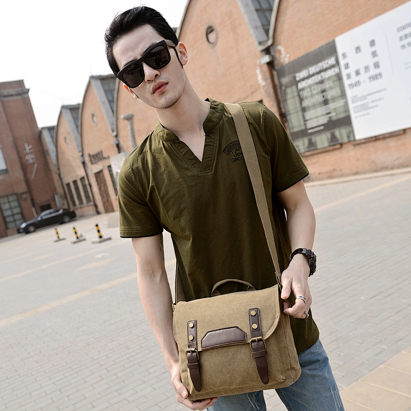 Vintage unisex travel two sided brown cotton canvas single shoulder messenger bag