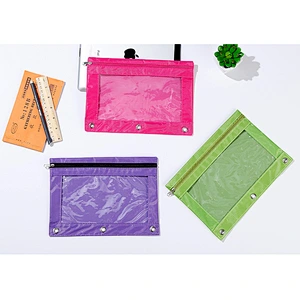Wholesale 3 Rings Hole Pencil Pouch Stationery Bag Zipper Fabric Pockets for Office gift