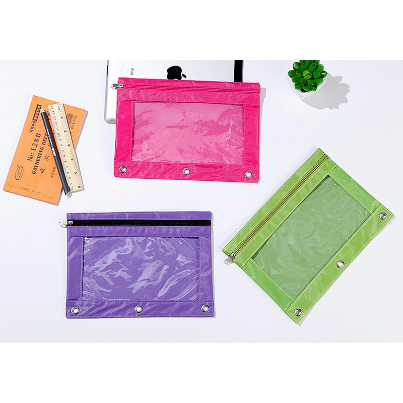 Wholesale 3 Rings Hole Pencil Pouch Stationery Bag Zipper Fabric Pockets for Office gift