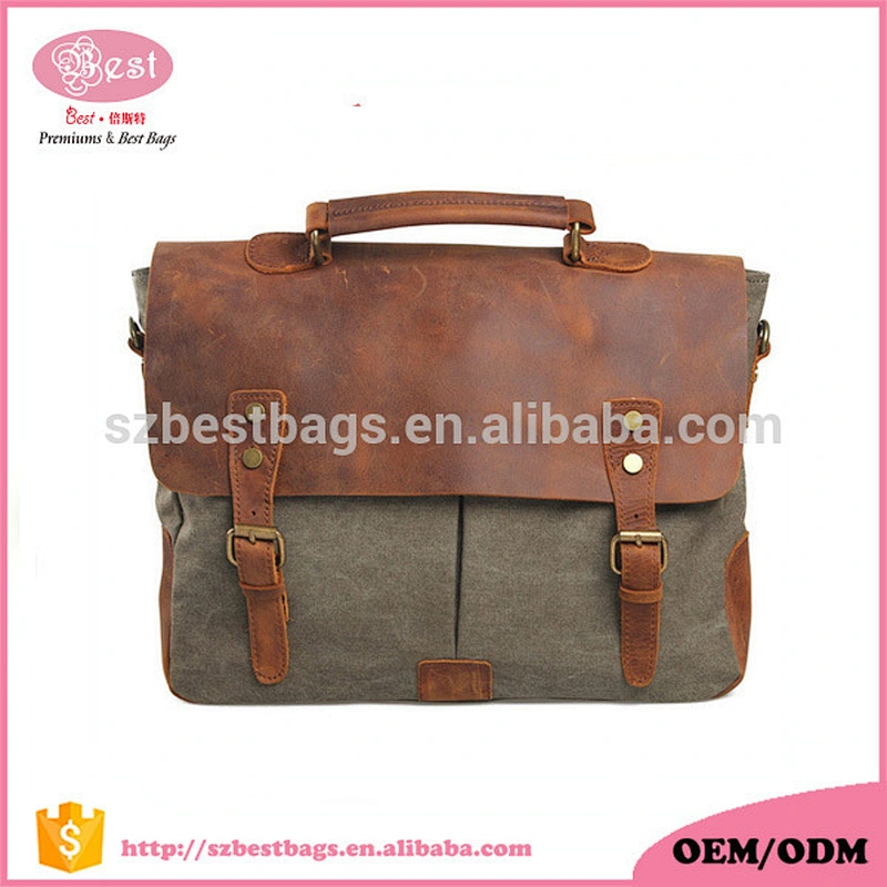 High quality vintage canvas crossbody bag with handle crazy horse leather bag