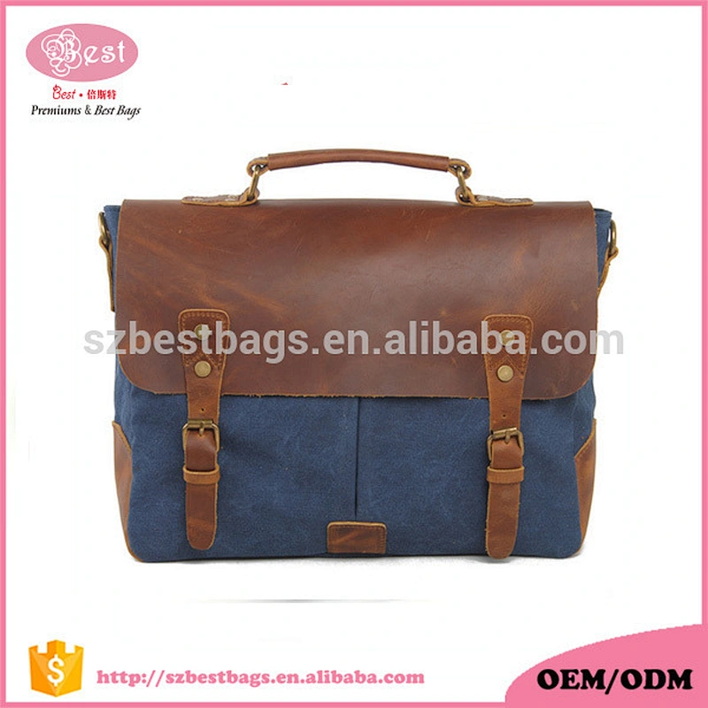 High quality vintage canvas crossbody bag with handle crazy horse leather bag