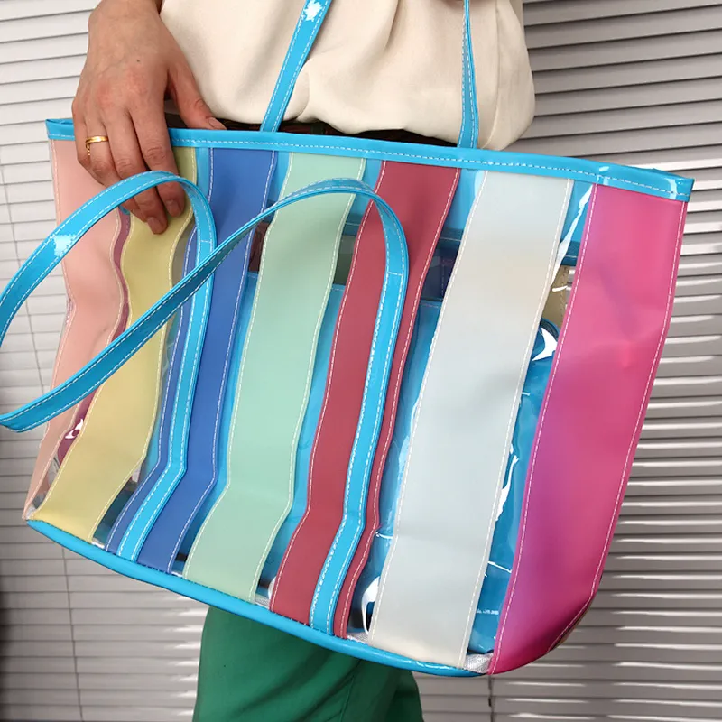 Custom cheap recycled large waterproof printed colorful pvc stripe beach tote bag