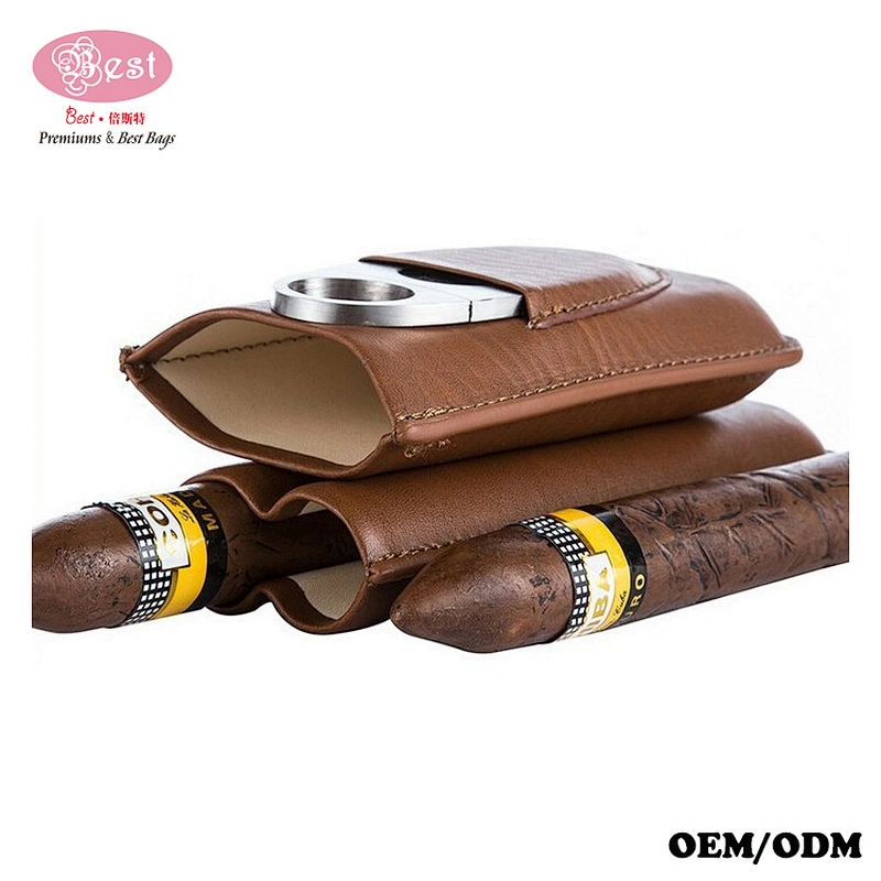 Custom High End Gift Cigar Holder 100% Pure Genuine Leather Humidor Cigar Case With Cutter