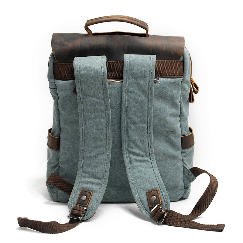 Men Outdoor Laptop Vintage Crazy Horse Leather Canvas Backpack