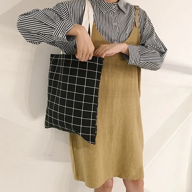 Vintage high quality eco cotton canvas souvenir promotional plaid tote shopping bag