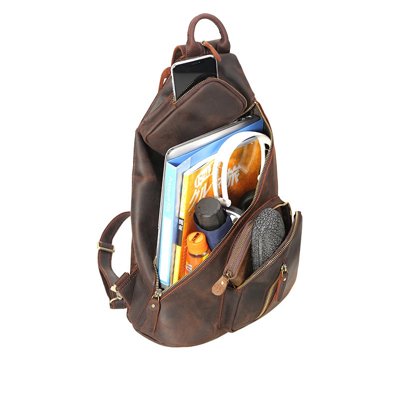 Fashion Western Style Shoulder Bag Large Capacity Multi-function USB Charging  Retro Bag Crazy Horse Leather Chest Bag for Men