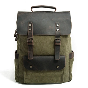 Men Outdoor Laptop Vintage Crazy Horse Leather Canvas Backpack