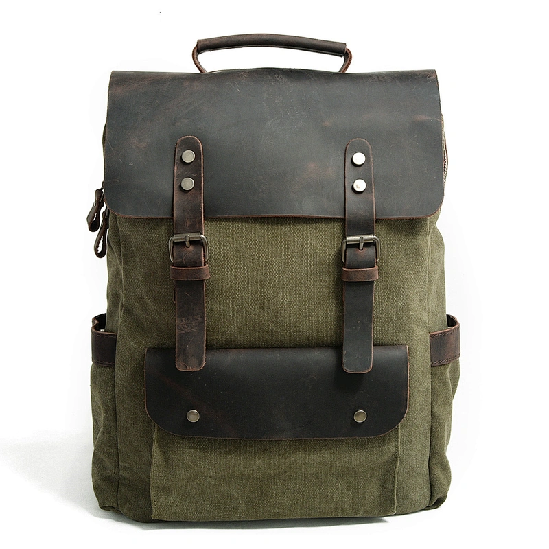 Men Outdoor Laptop Vintage Crazy Horse Leather Canvas Backpack
