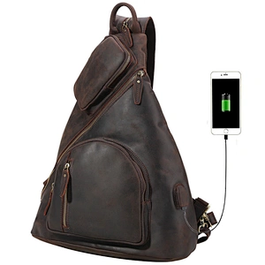 Fashion Western Style Shoulder Bag Large Capacity Multi-function USB Charging  Retro Bag Crazy Horse Leather Chest Bag for Men