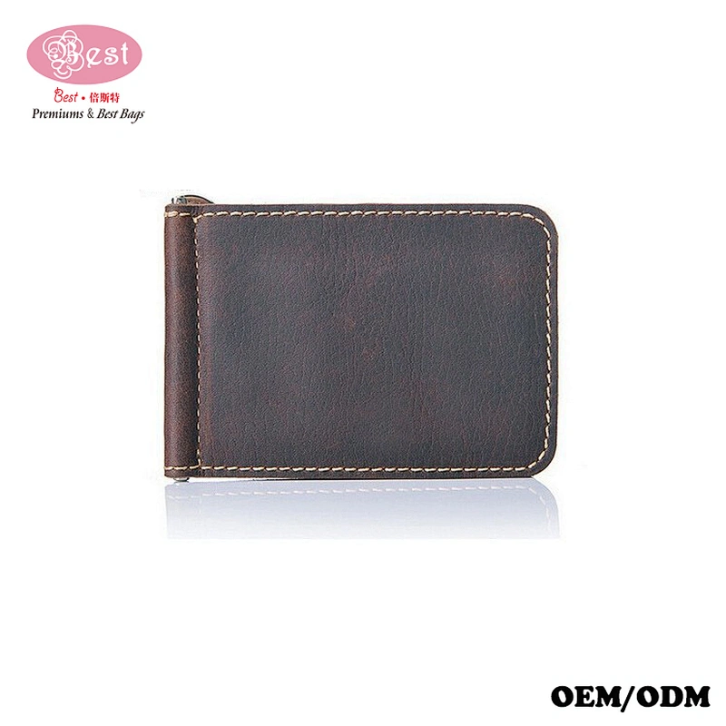 Drop Shipping Handmade Crazy Horse Leather Vintage Money Clip Bifold Wallet