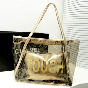 fancy printed colorful transparent clear gold pvc shopping beach tote bag