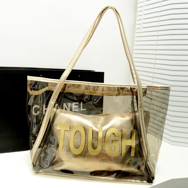 fancy printed colorful transparent clear gold pvc shopping beach tote bag