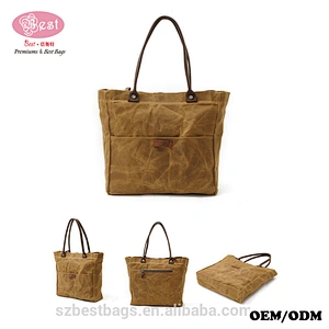 New Style Waxed Canvas with Genuine Leather Vintage Tote Bag Shopping bag