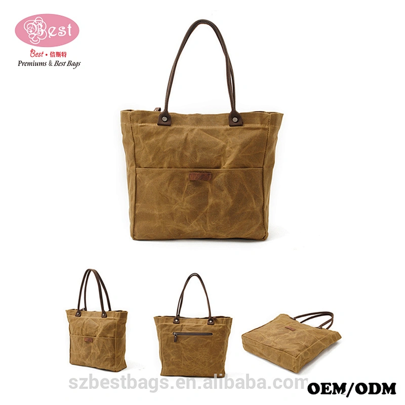 New Style Waxed Canvas with Genuine Leather Vintage Tote Bag Shopping bag