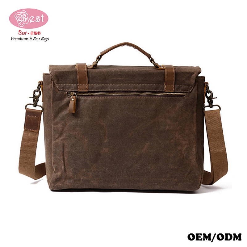 Waterproof Wax Canvas and Genuine Leather Shoulder Bag Messenger Bag Men Briefcase