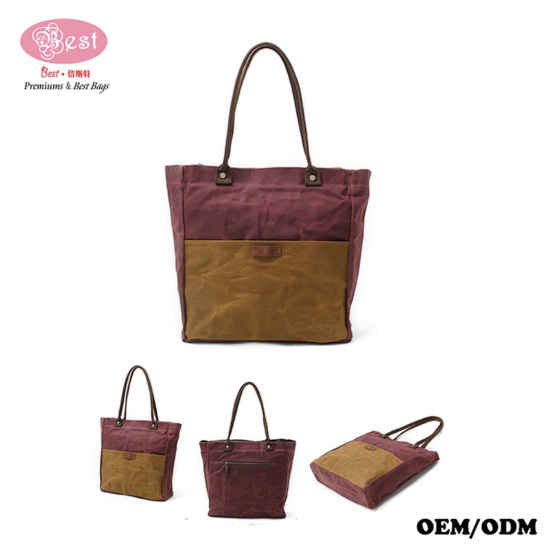 New Style Waxed Canvas with Genuine Leather Vintage Tote Bag Shopping bag