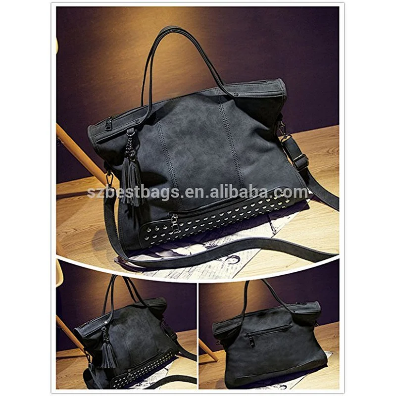 Punk Motorcycle Rivet Studded Tassel Slouchy Nubuck Pu Leather Top Handle Hobo Bag Women Handbag