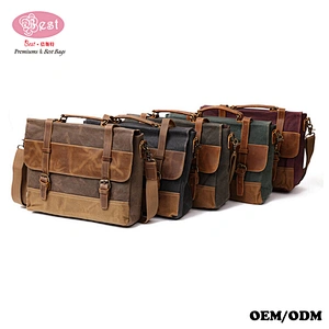 Waterproof Wax Canvas and Genuine Leather Shoulder Bag Messenger Bag Men Briefcase