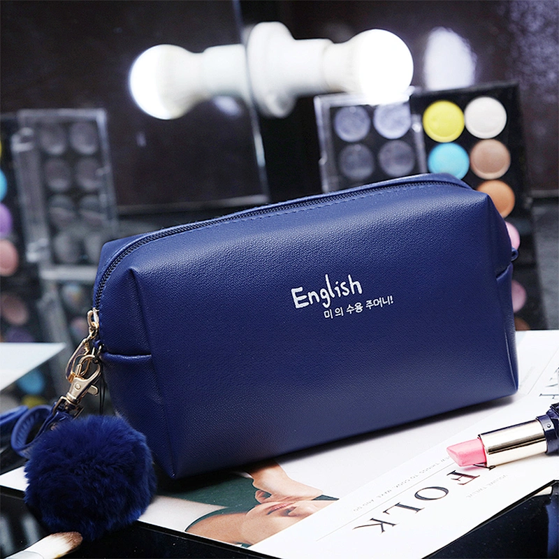 Wholesale OEM high quality pu leather blue makeup pouch toiletry cosmetic bag