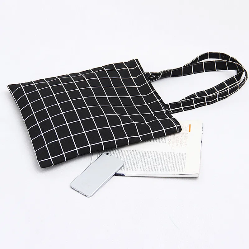 Vintage high quality eco cotton canvas souvenir promotional plaid tote shopping bag