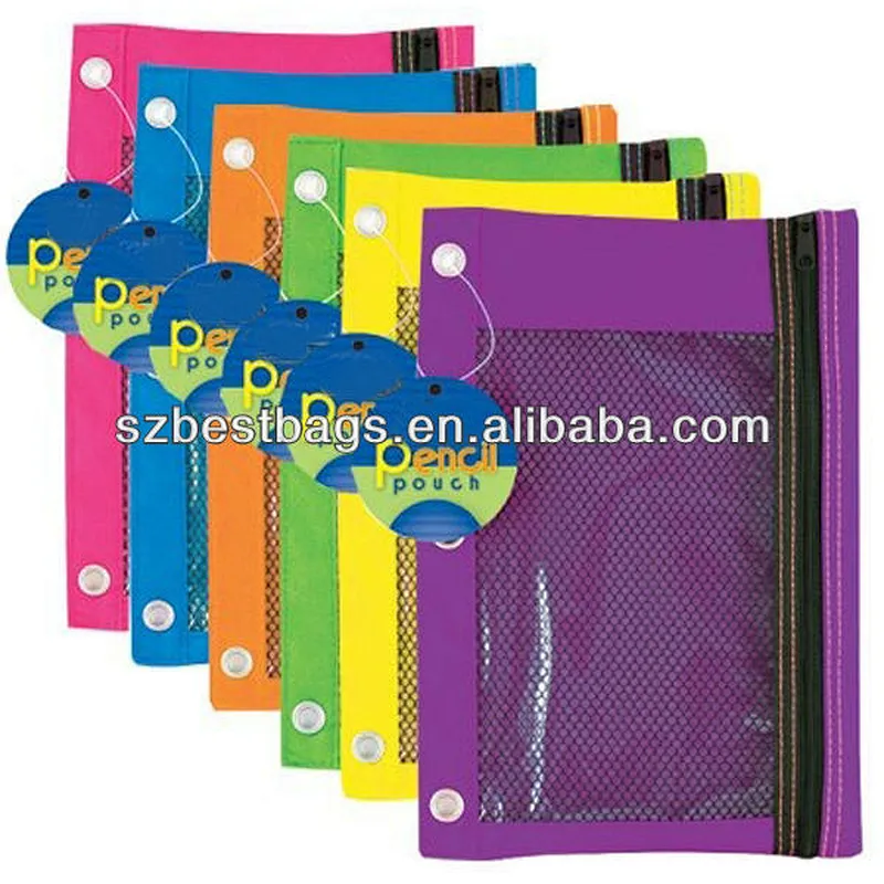 3-Ring Pencil Pouch with a Mesh Window,Multiple color