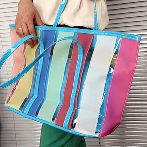 Custom cheap recycled large waterproof printed colorful pvc stripe beach tote bag