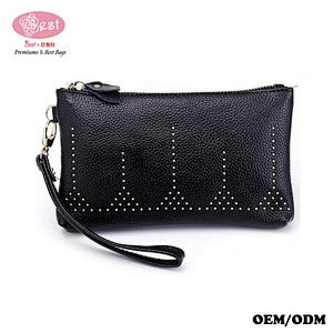 Amazon Hot Selling Pebbled Cowhide Leather Women Clutch Wallet with Wristlet Sparkling Studded Evening Purse Wallet