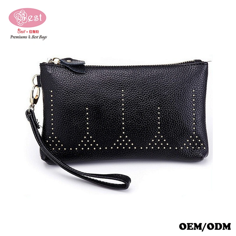 Amazon Hot Selling Pebbled Cowhide Leather Women Clutch Wallet with Wristlet Sparkling Studded Evening Purse Wallet