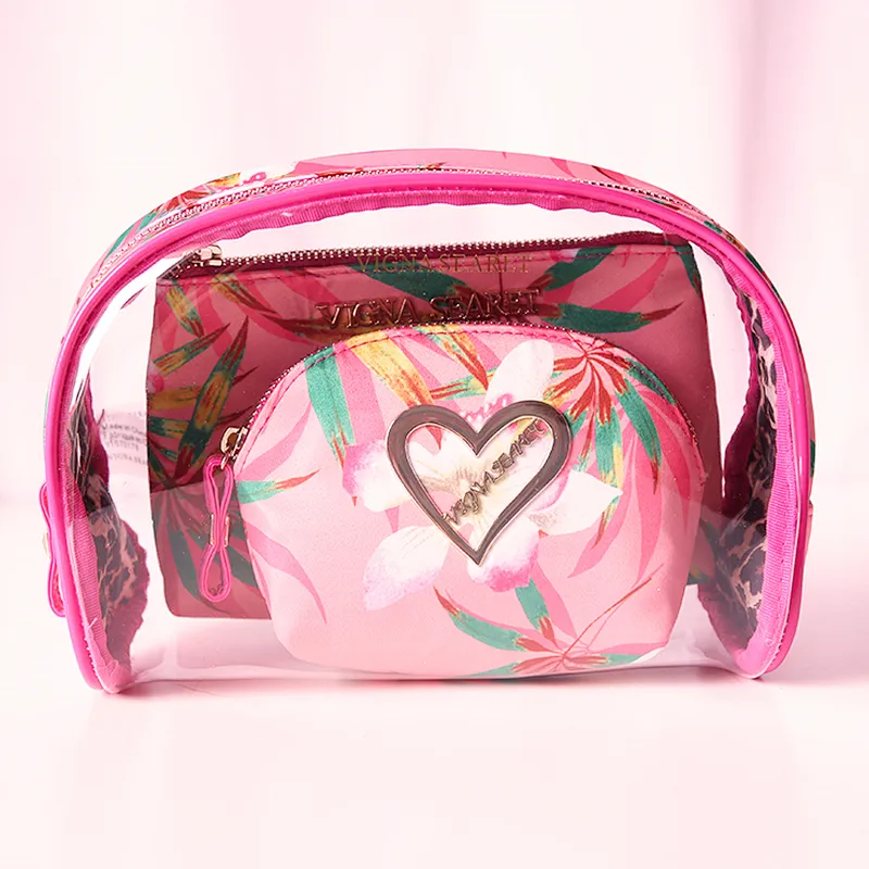 Wholesale luxury transparent clear pvc makeup pouch toiletry cosmetic make up bag set