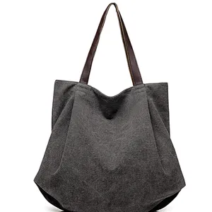 Ladies folding brown canvas tote bag handle shoulder shopping handbag for women