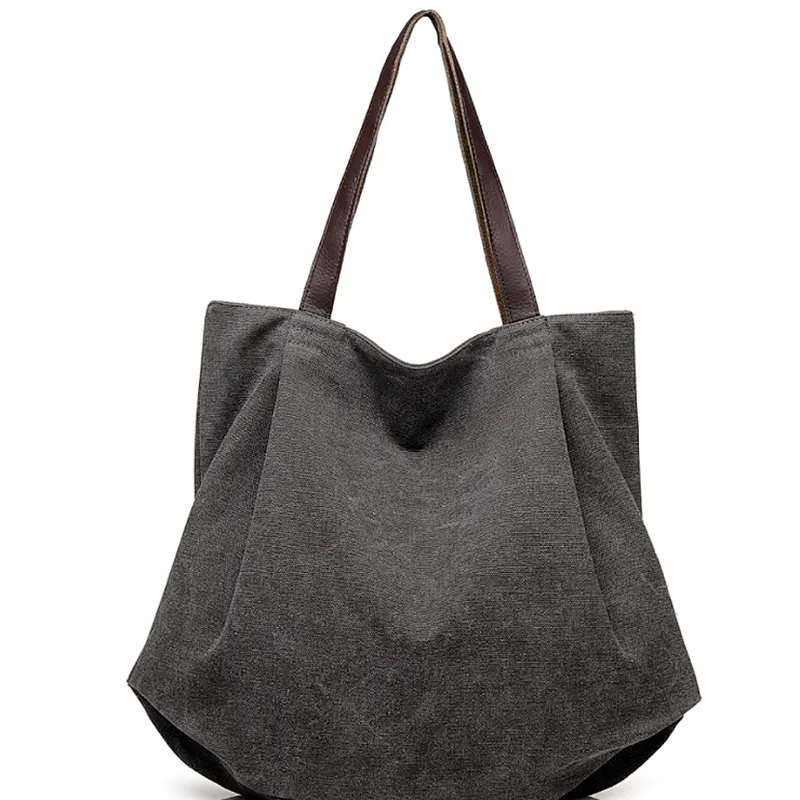 Ladies folding brown canvas tote bag handle shoulder shopping handbag for women