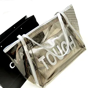 fancy printed colorful transparent clear gold pvc shopping beach tote bag