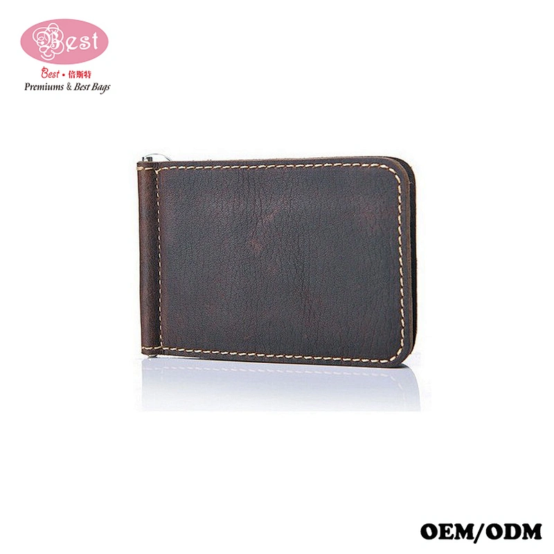 Drop Shipping Handmade Crazy Horse Leather Vintage Money Clip Bifold Wallet