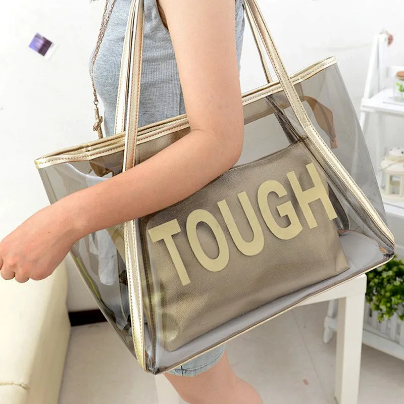 fancy printed colorful transparent clear gold pvc shopping beach tote bag