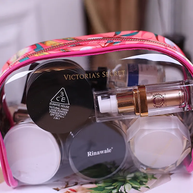 Wholesale luxury transparent clear pvc makeup pouch toiletry cosmetic make up bag set