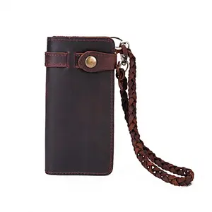 Vintage Style Crazy Horse Genuine Leather Wallet With Handle Large Capacity Unisex Wallet