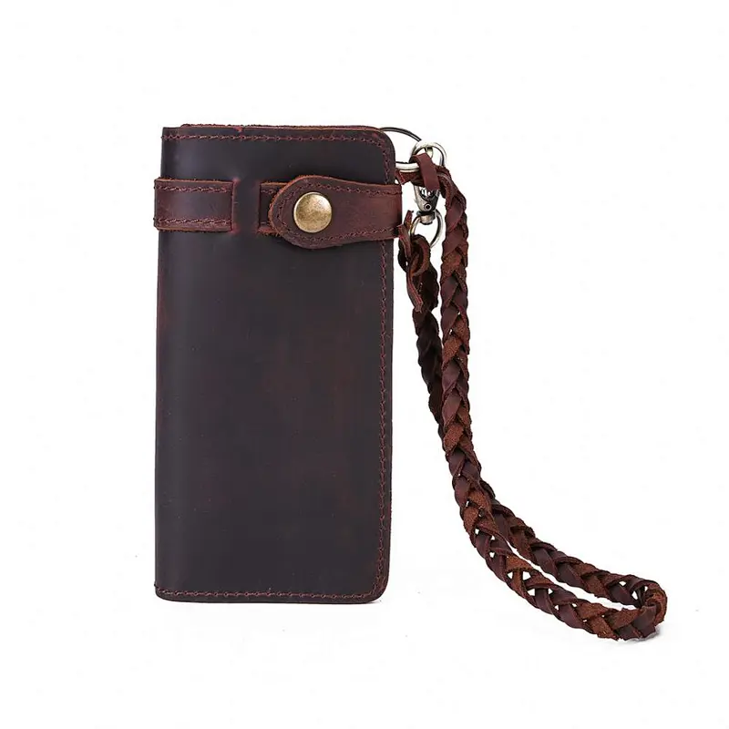 Vintage Style Crazy Horse Genuine Leather Wallet With Handle Large Capacity Unisex Wallet