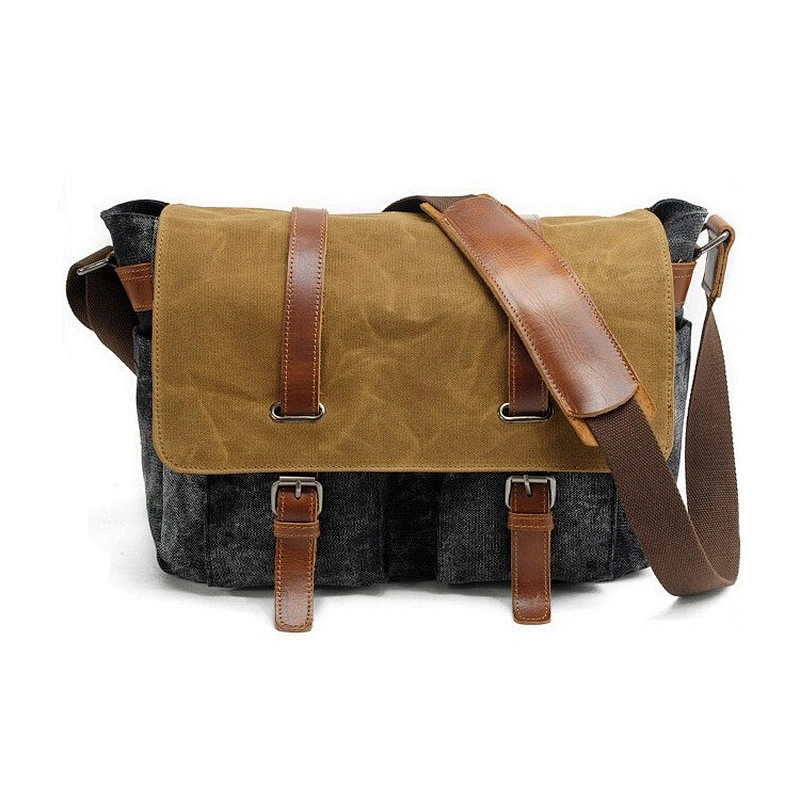 Waterproof Waxed Canvas with Genuine Leather Trimmings Laptop Bag Men Messenger Bag Satchel