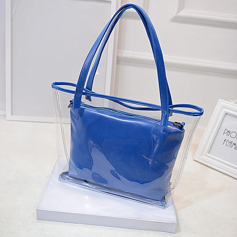 Black shiny pvc handle shopping hand bag clear tote bags ladies handbag