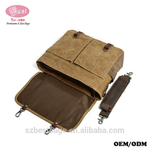 Vintage Real Leather Satchel Waxed Canvas Briefcase Men Laptop Messenger Bags