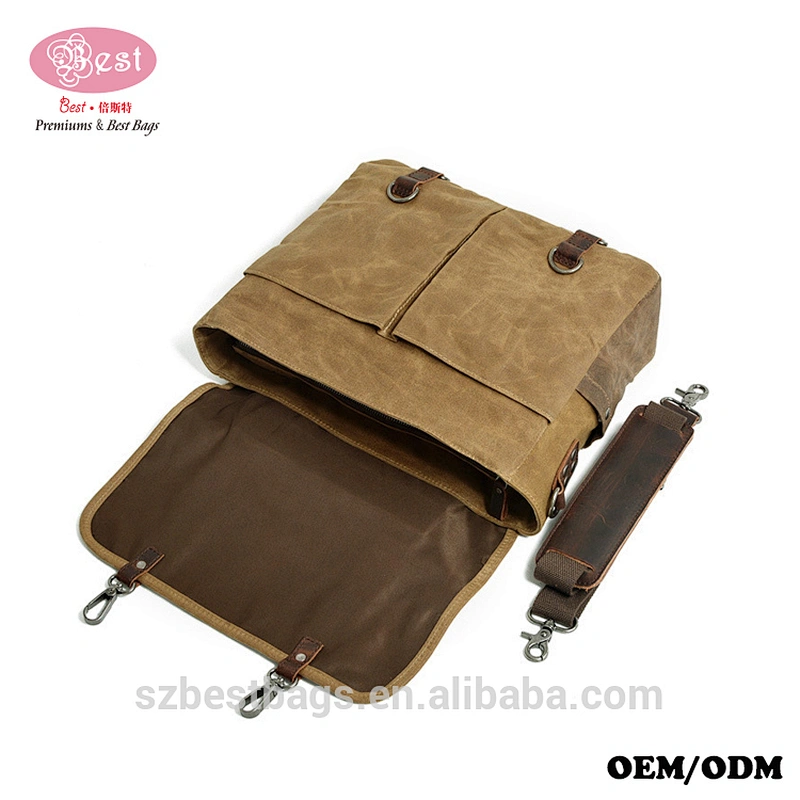 Vintage Real Leather Satchel Waxed Canvas Briefcase Men Laptop Messenger Bags