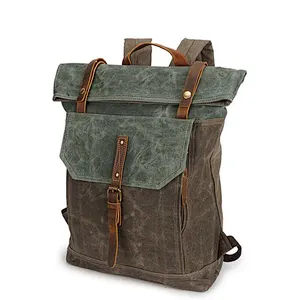 Vintage Genuine  Leather Backpack Canvas Laptop Backpack Waterproof bag For Men
