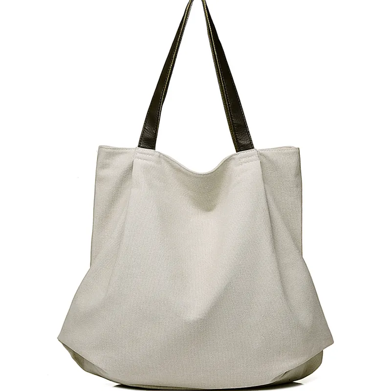 Ladies folding brown canvas tote bag handle shoulder shopping handbag for women
